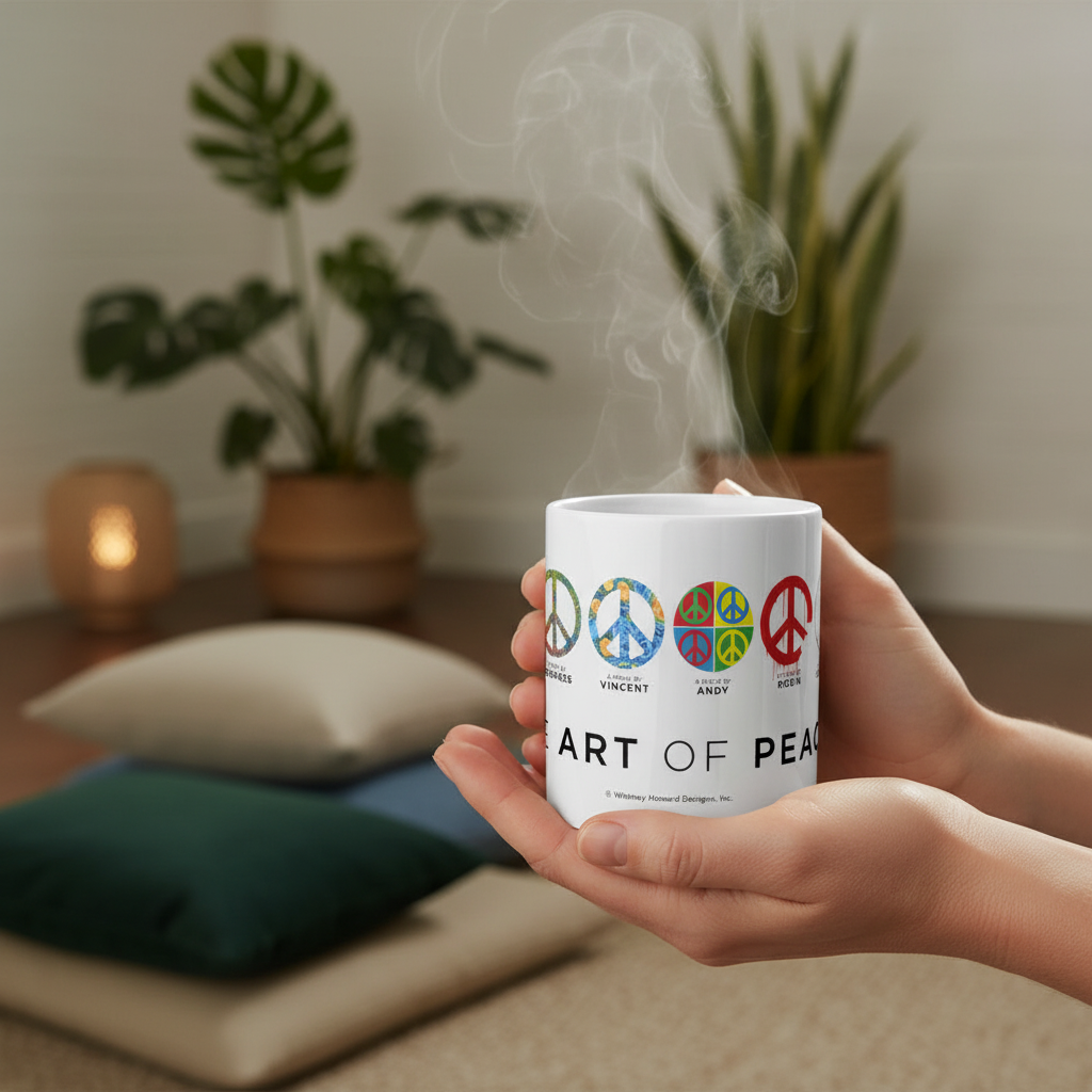 Person holding Art of Peace mug in meditation space