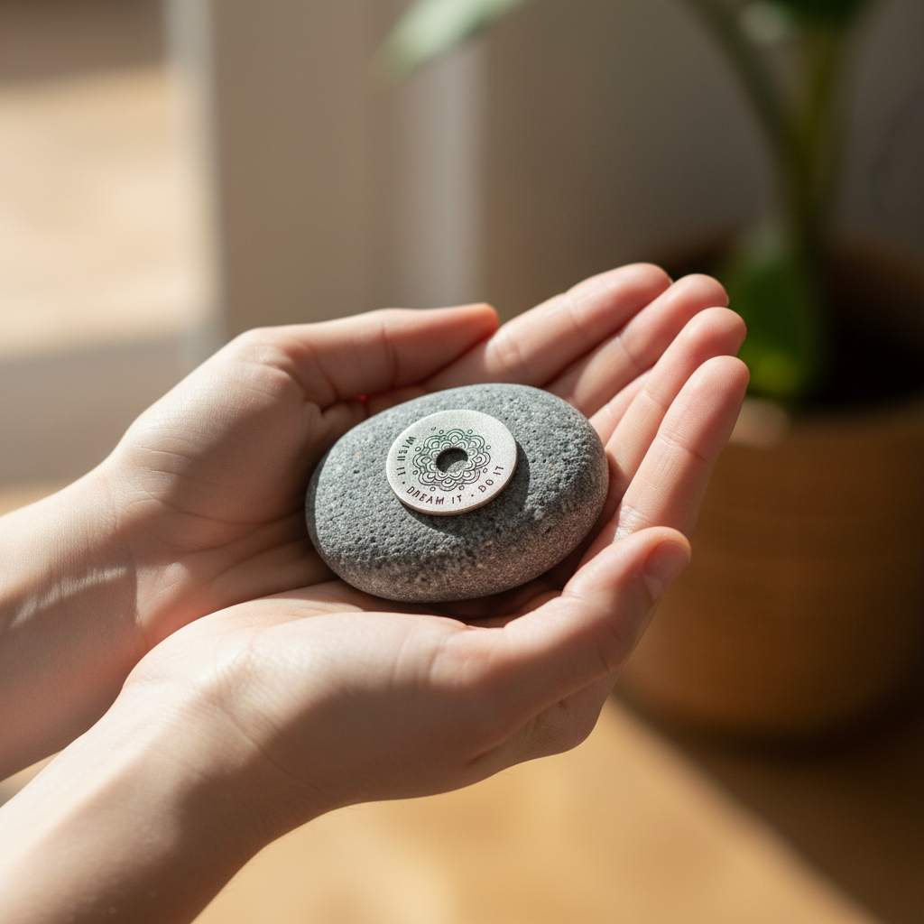 Person holding Wish it Dream it Do it meditation stone during manifestation