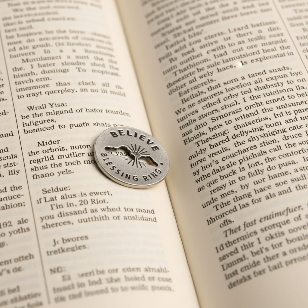 Believe Blessing Ring Flat Lay on Bible