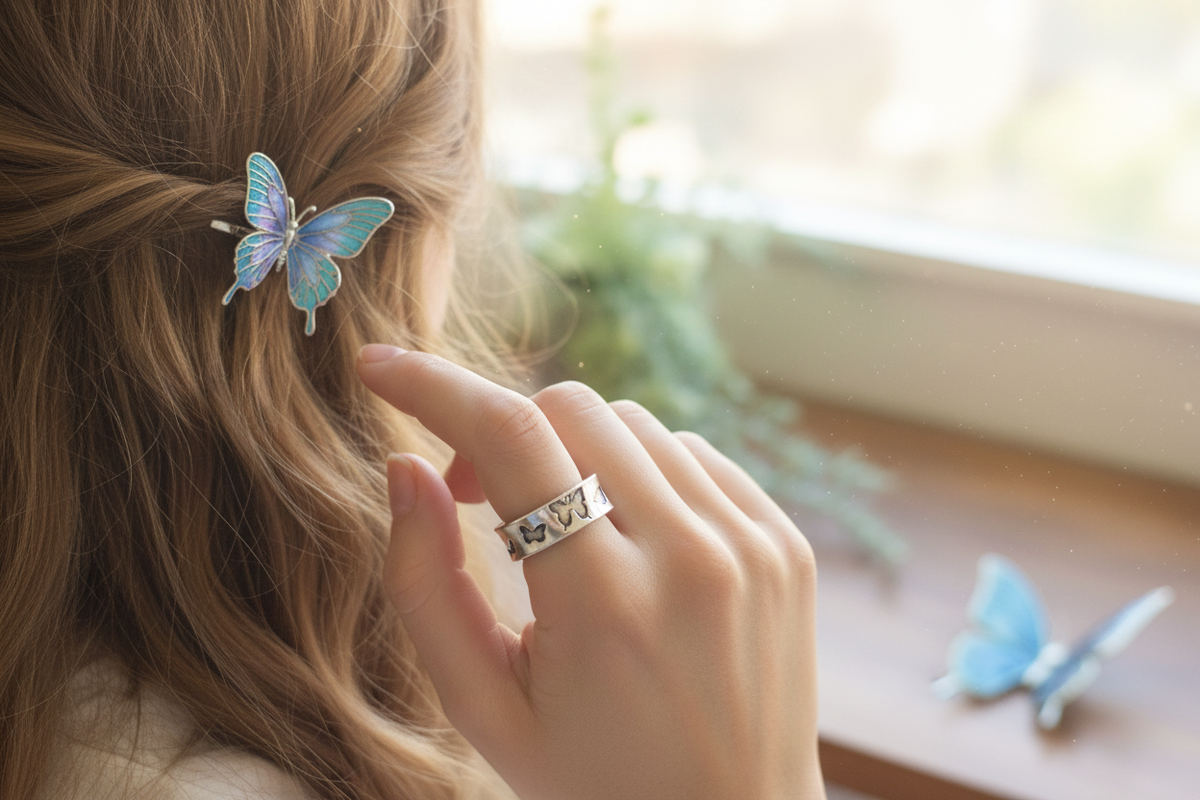 Butterfly ring on woman's hand with butterfly barrette