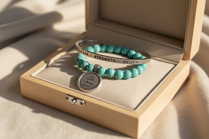 Courage Strength Believe cuff and Balance Acai bracelet in jewelry box