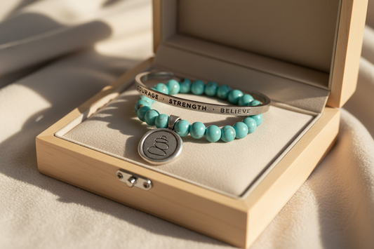 Courage Strength Believe cuff and Balance Acai bracelet in jewelry box