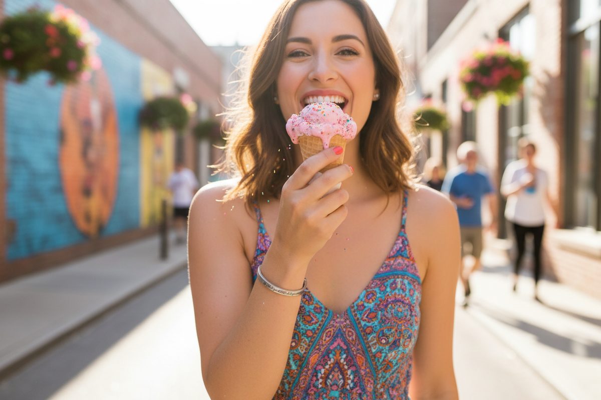 Do What You Love cuff bracelet worn by woman eating ice cream cone