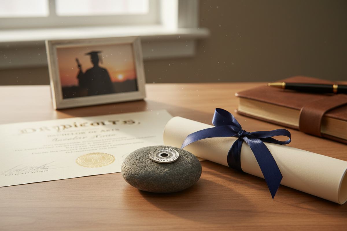 Dream Big meditation stone next to diploma