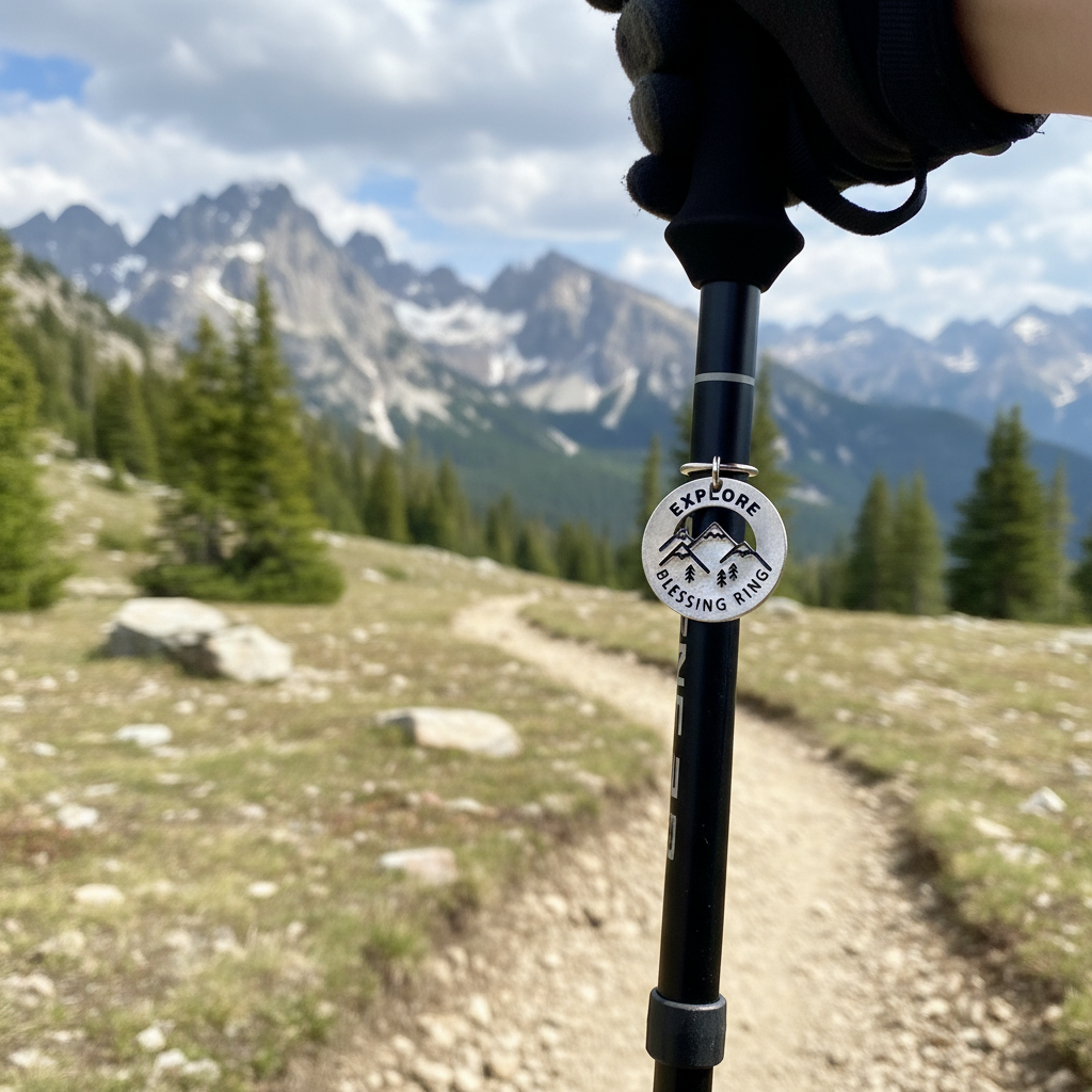 Explore charm at quarter size on hiking pole