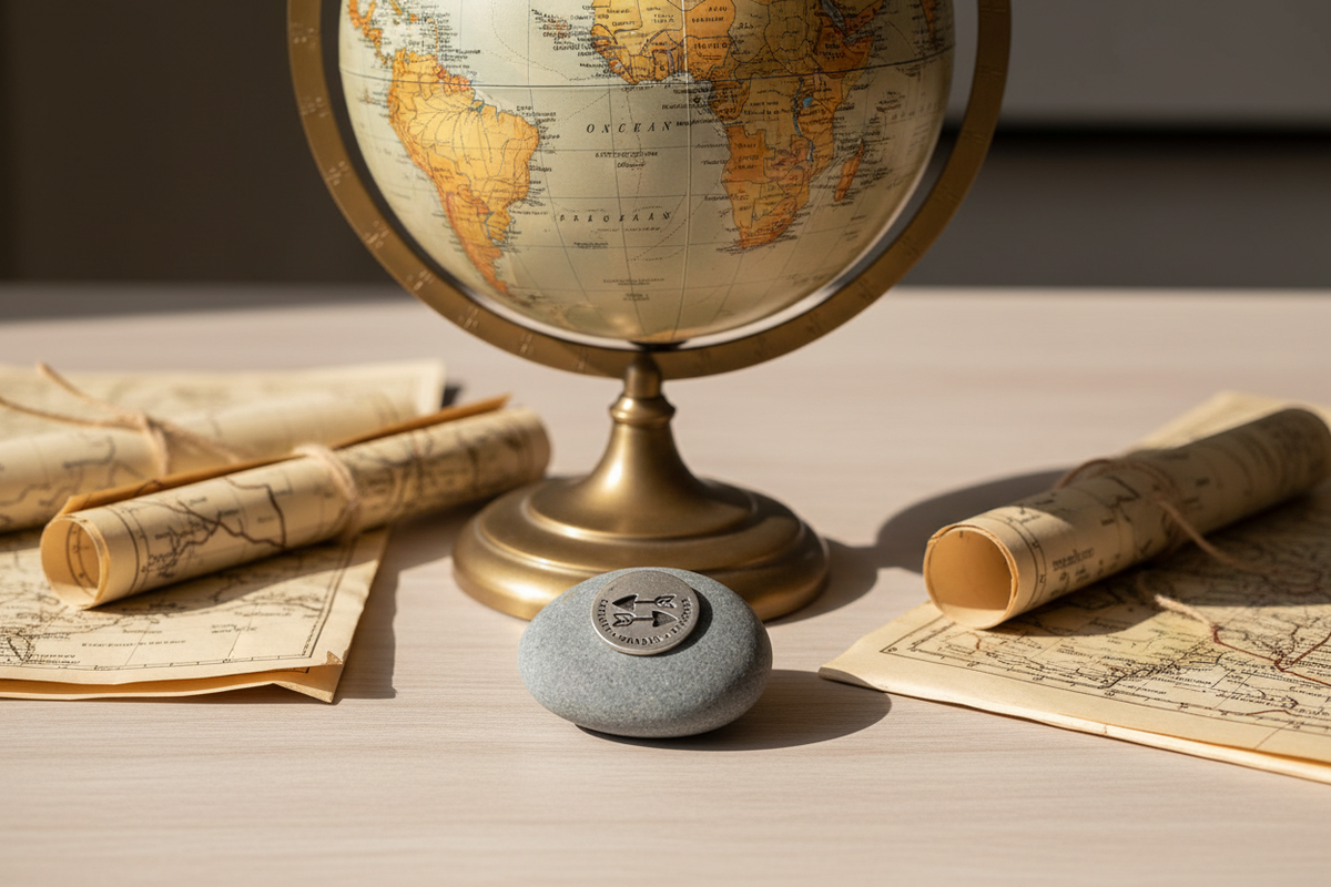 Explore Wander Discover meditation stone next to globe