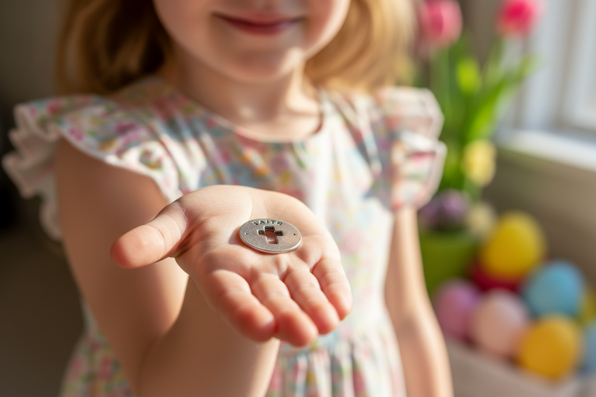 Faith token at true quarter size in little girl's palm