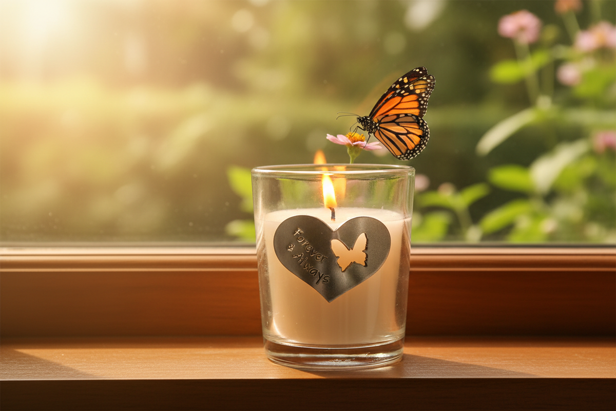 Forever and Always candle with butterfly outside window