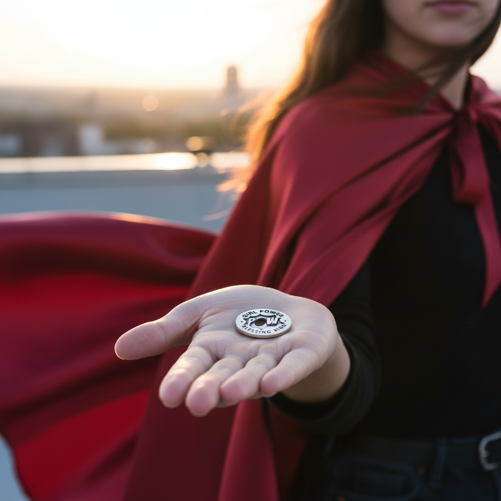 Girl wearing cape holding Girl Power charm in hand