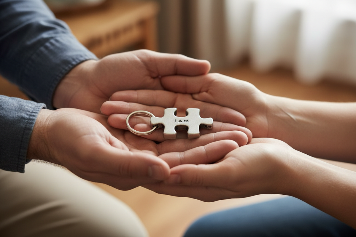 I AM puzzle piece keychain held in hands