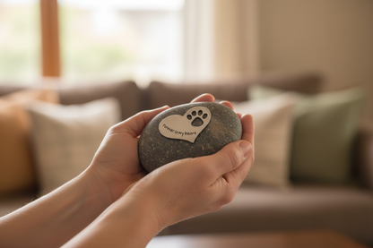 Hands holding pet memorial stone with heart and paw print