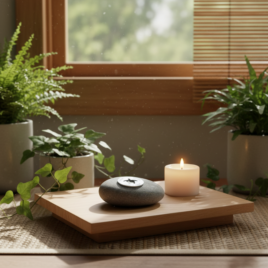 Pause Breath Take it Slow meditation stone on peaceful altar with candle