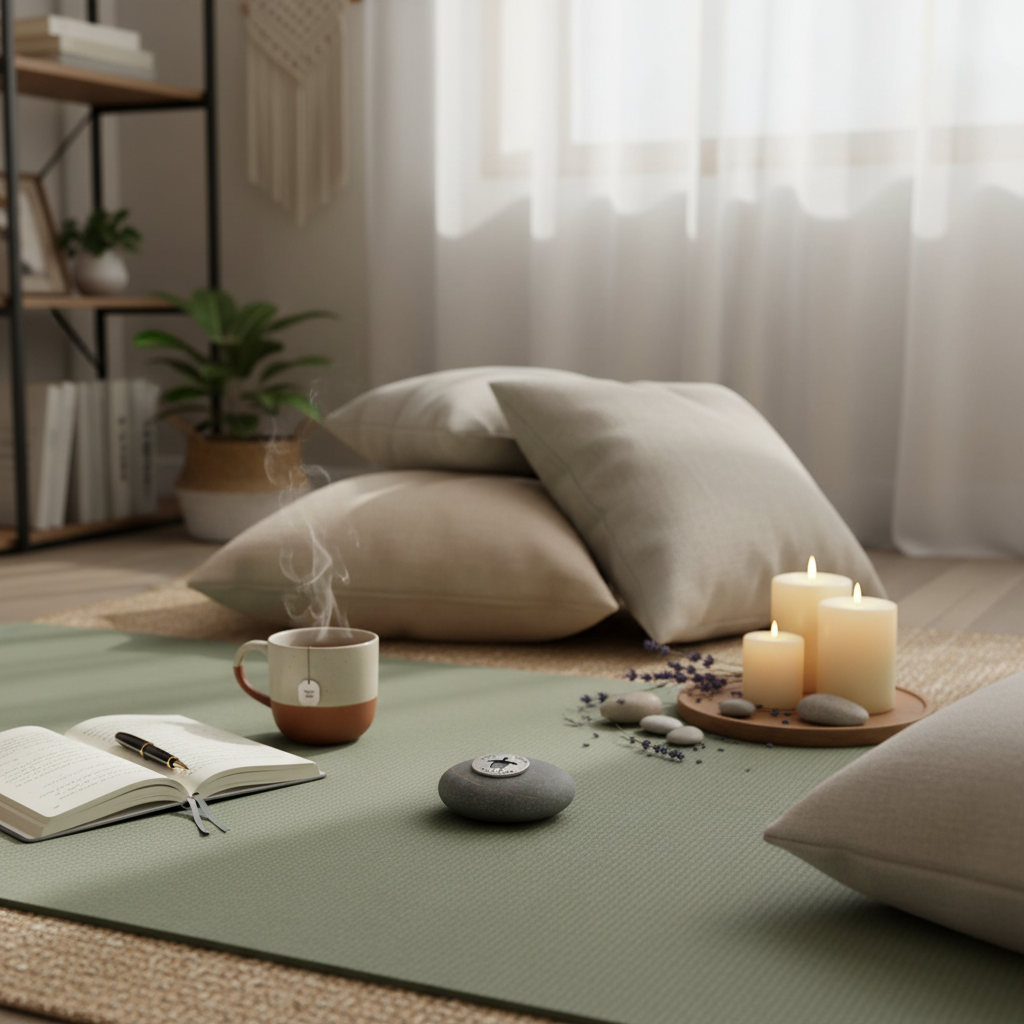 Pause Breath Take it Slow meditation stone on yoga mat with journal and tea