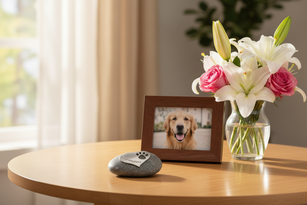 Pet memorial stone displayed with framed photo in loving tribute