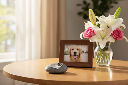 Pet memorial stone displayed with framed photo in loving tribute