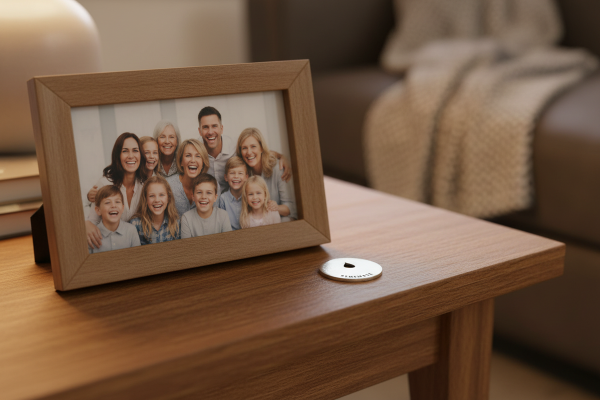 In Loving Memory Charm Flat on Table Next to Family Portrait