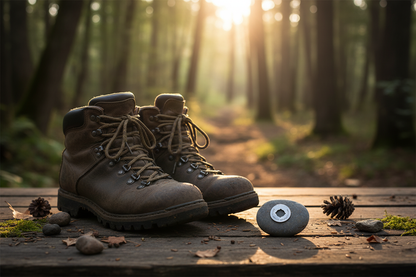 Life is a Journey meditation stone next to hiking boots