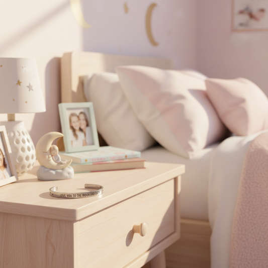 Love You to the Moon and Back cuff on bedside table