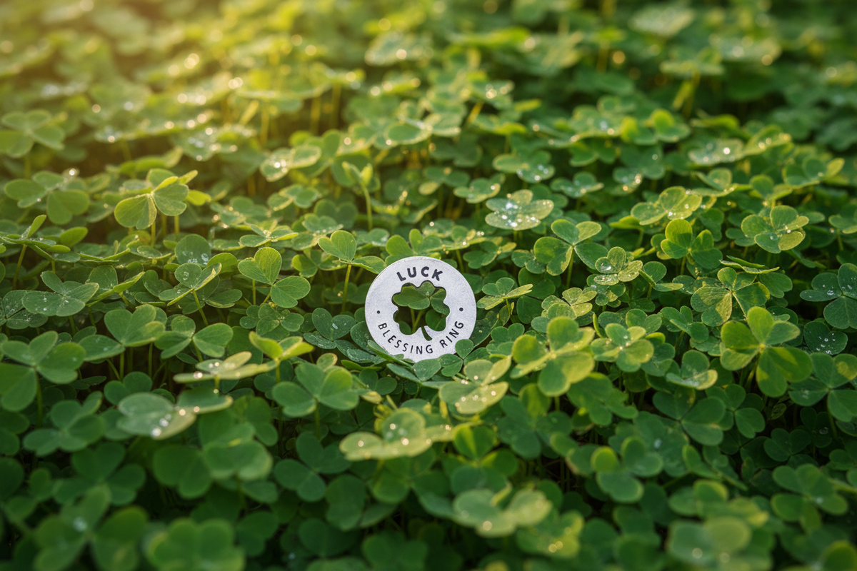 Luck token at quarter size in field of four leaf clovers