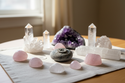 OM meditation stone next to crystals