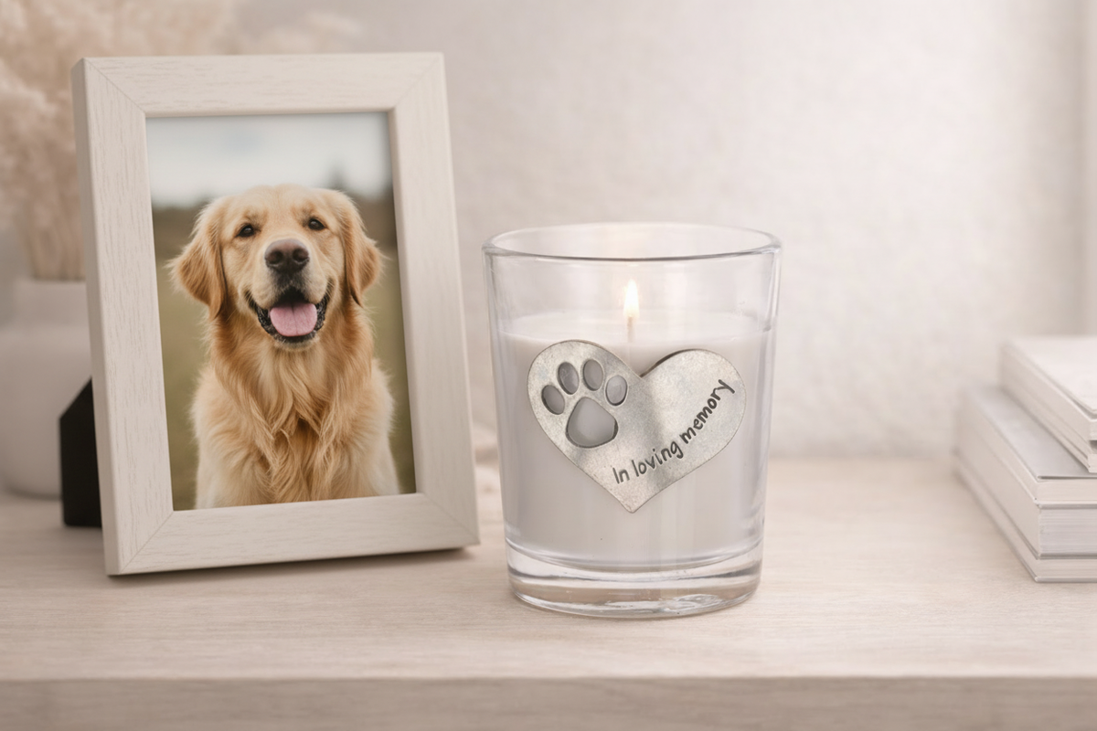 Pet memorial votive candle near dog photo