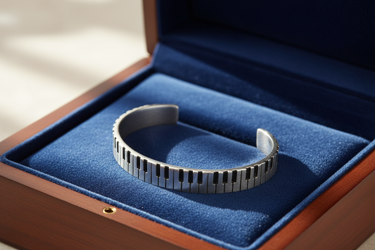 Piano cuff bracelet at actual size in jewelry box
