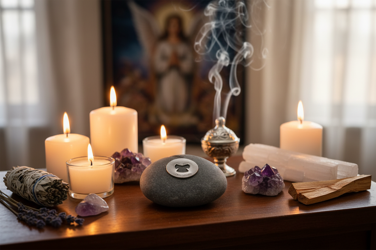 Protection meditation stone with angel in spiritual setting