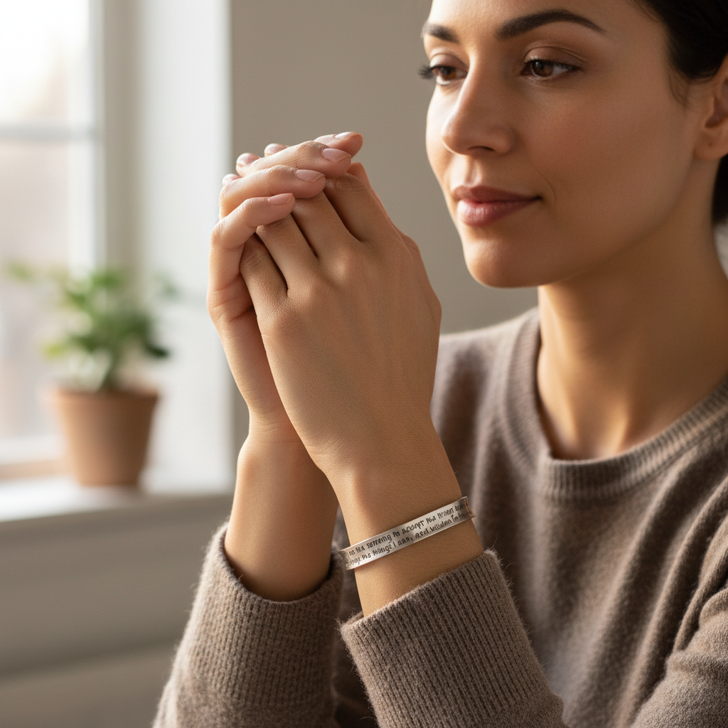Serenity Prayer bracelet on woman in recovery