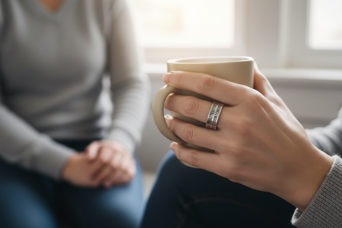 Serenity Prayer ring on woman in recovery