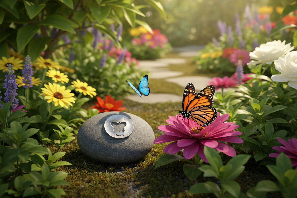 Smile meditation stone with butterfly in garden
