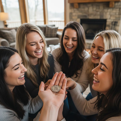 Soul Sister charm at quarter size in woman's palm with friends