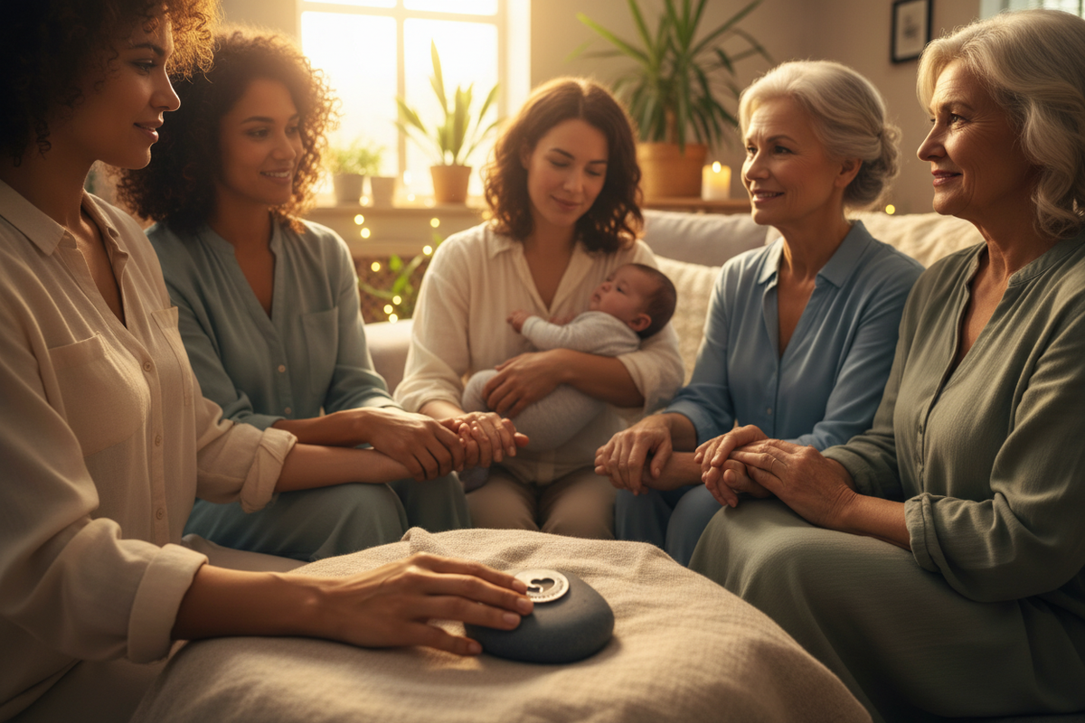 To Guide Nurture Protect meditation stone with group of women