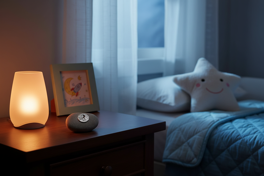 To the Moon & Back meditation stone on child's bedside table
