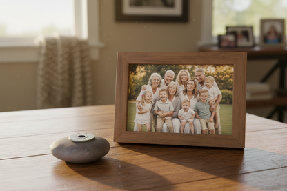 Truly Blessed meditation stone next to family reunion photo