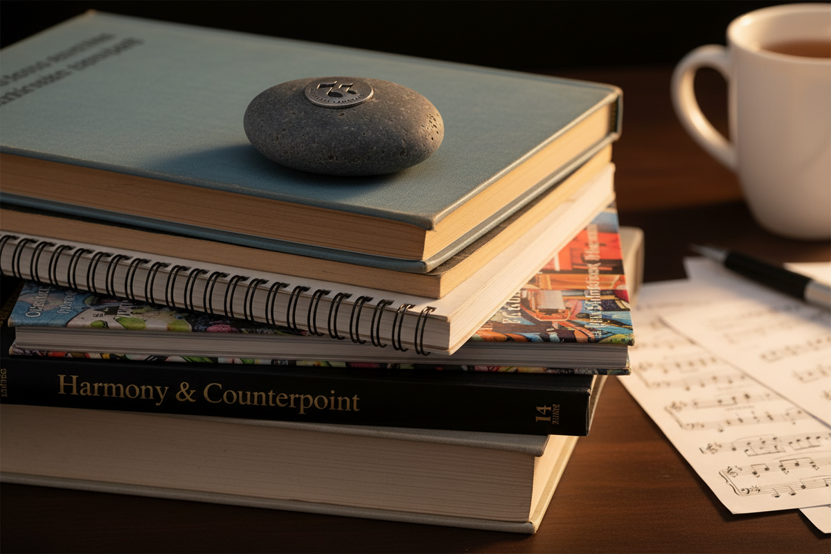 Universal Language meditation stone on stack of music books