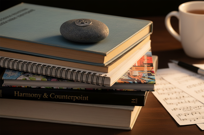 Universal Language meditation stone on stack of music books