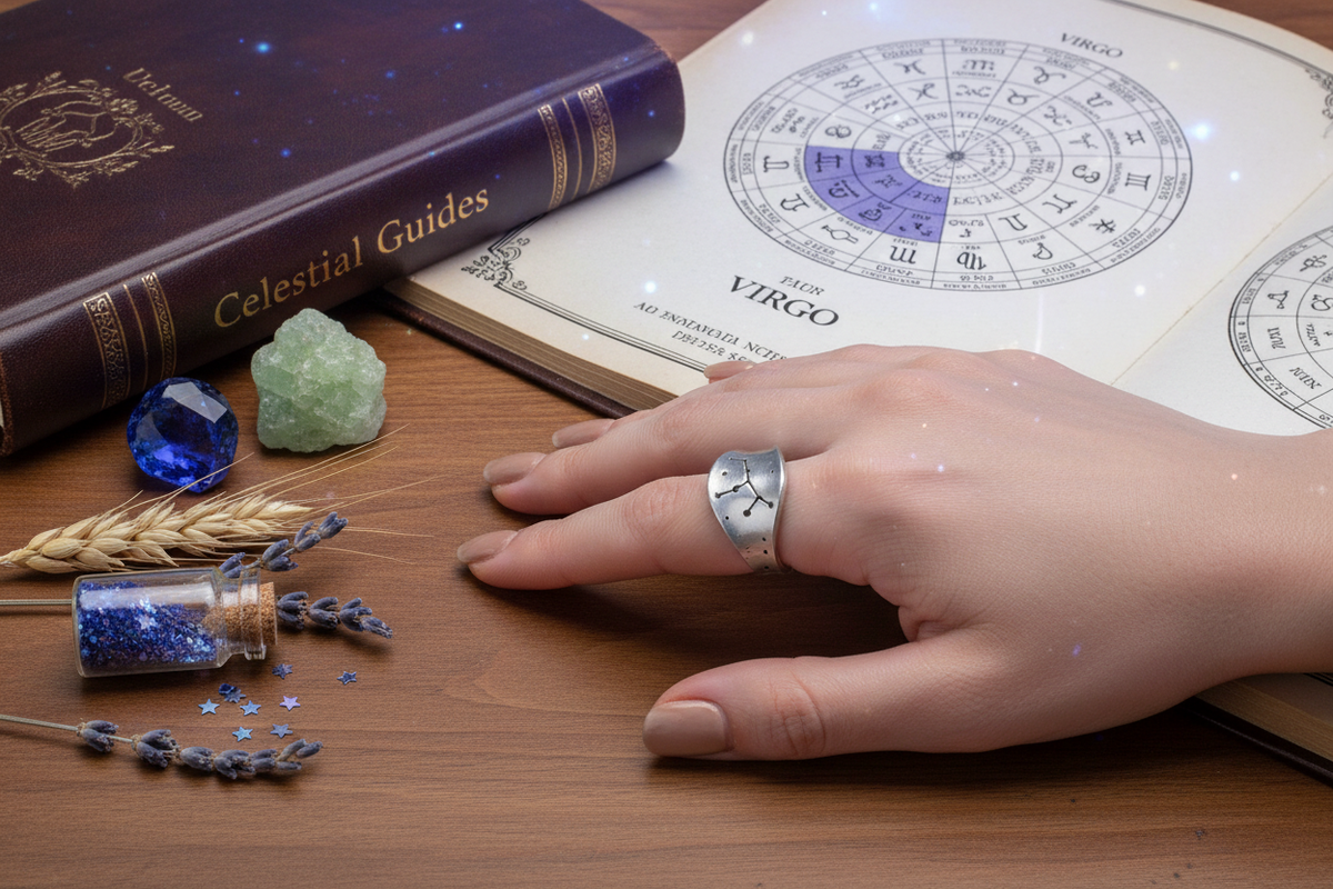 Virgo constellation ring on woman's hand in Virgo setting
