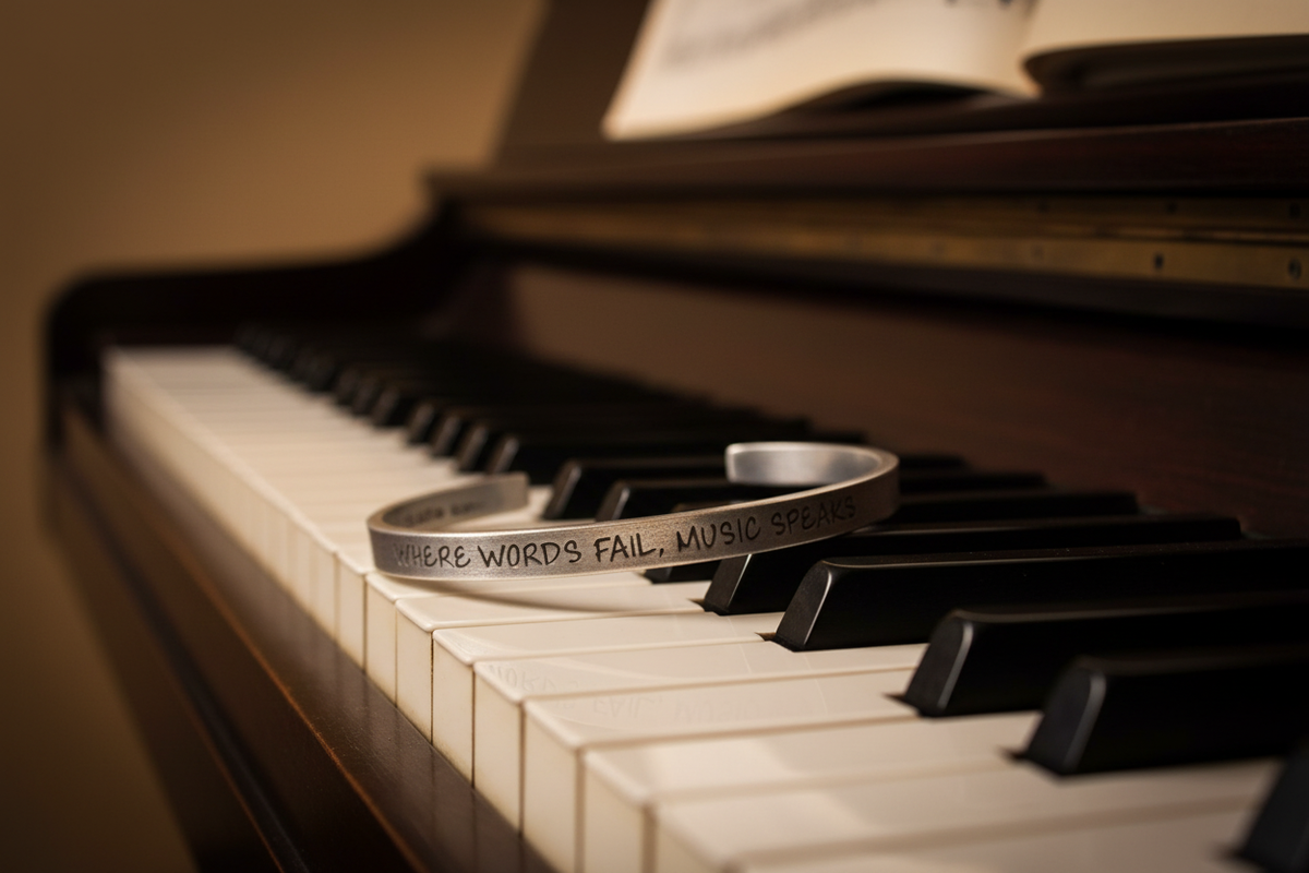 Where Words Fail Music Speaks cuff bracelet resting on piano keys