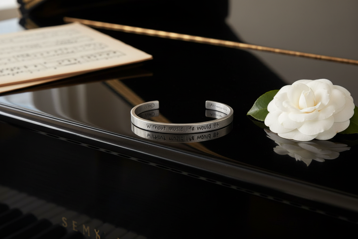Without Music Life Would Bb cuff bracelet on top of piano lid