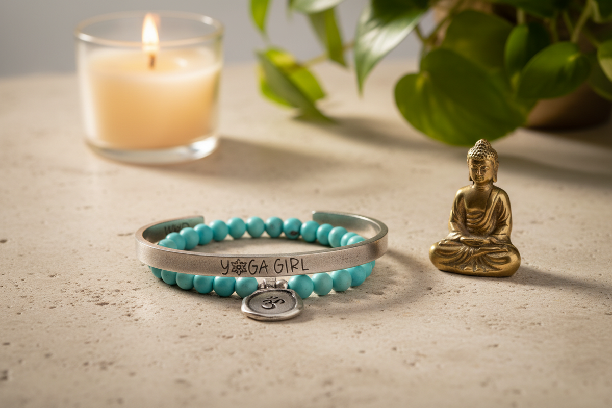 Yoga Girl cuff and Om Acai bracelet on table with Buddha statue