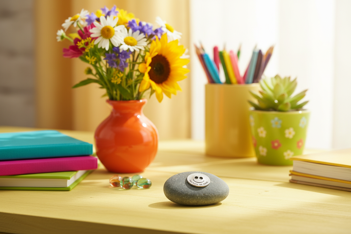 You Make Me Smile meditation stone in cheerful setting